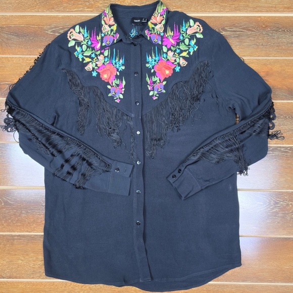 ASOS Women's Size 6 Black Western Floral Embroidered & Fringe Button Shirt - Picture 3 of 13